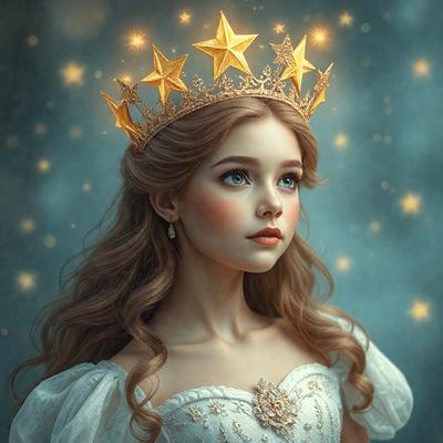 The primary subject of the image is a young girl wearing a crown and a white dress. She is posing for the camera, and her eyes are looking upwards. The setting is a blue background, which adds a contrasting color to the scene. The visual style is a digital art, as the girl appears to be a digital illustration. The colors in the image are predominantly white and blue, creating a serene and elegant atmosphere.